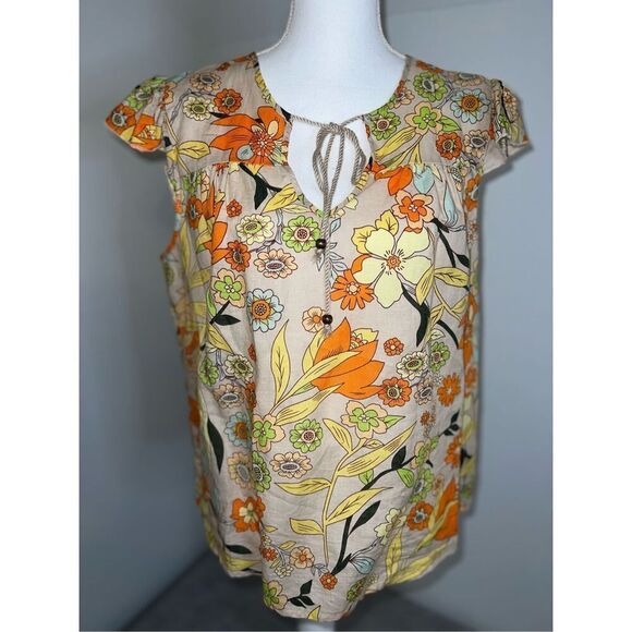 Women’s Linen Blend Floral Tie Front Blouse Top Large - Picture 4 of 9